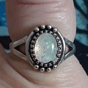New! Silver White Fire Opal (lab) Ring sz 6 + gift
